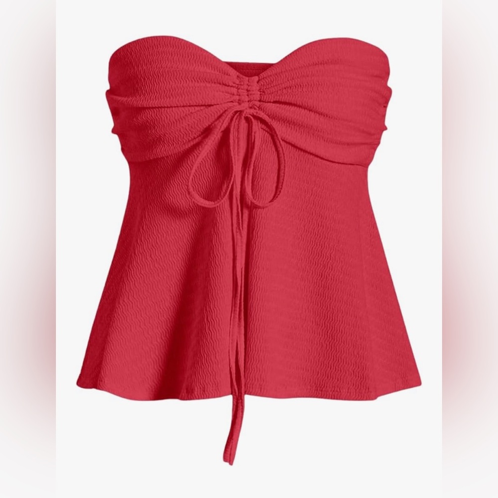 Milumia Women Tie Front Ruched Tube Top Strapless Flared Hem Peplum Bandeau Tops